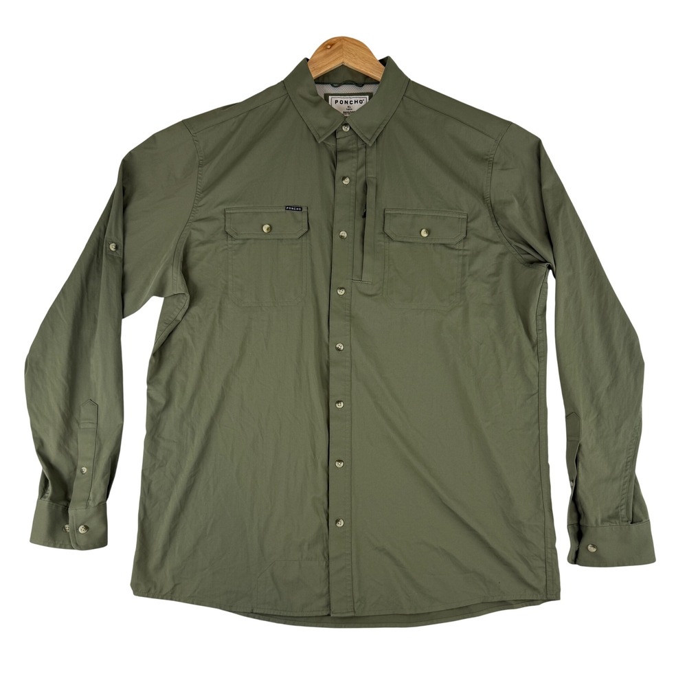 Poncho Outdoors Fishing Shirt Mens XL Tall Olive Green Magnetic Pockets Stretch